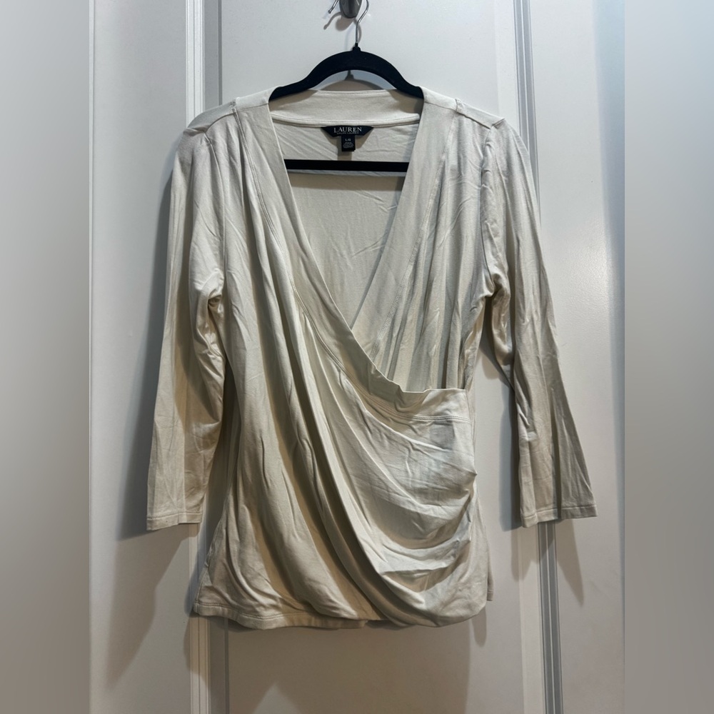 Lauren Ralph Lauren Black Label Vanilla Faux Wrap Top Large 3/4 Sleeve Shirt